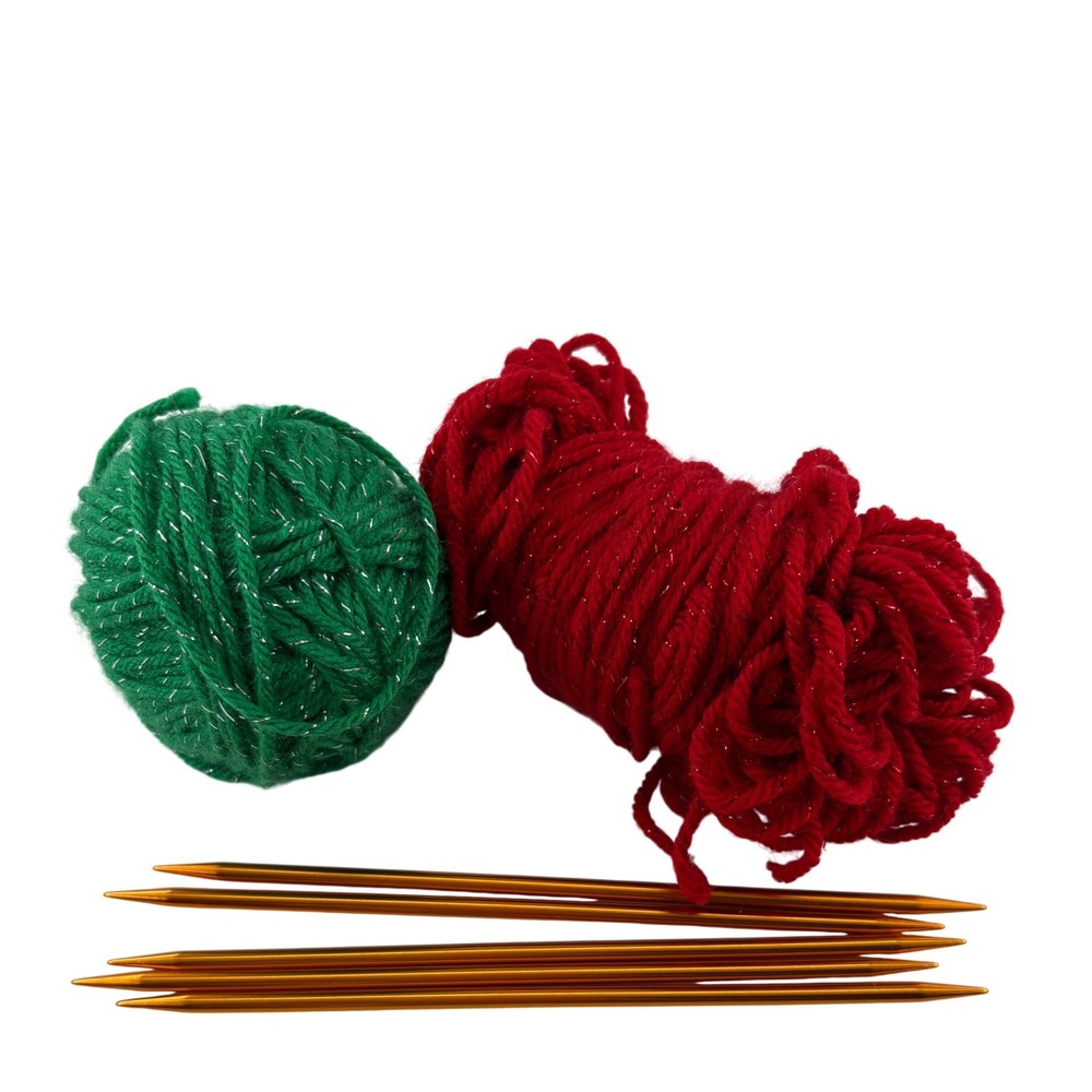 Christmas Knitting Kit Red Green Sparkle Yarn & Lot 5 Double Pointed Needles 7oz